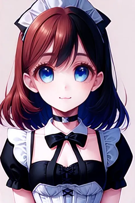 Tabitha Caroliner(young woman, medium bust, medium red-copper curly hair, blue eyes, cute face) wearing(white maid dress, black corset, black hair bows, black choker)