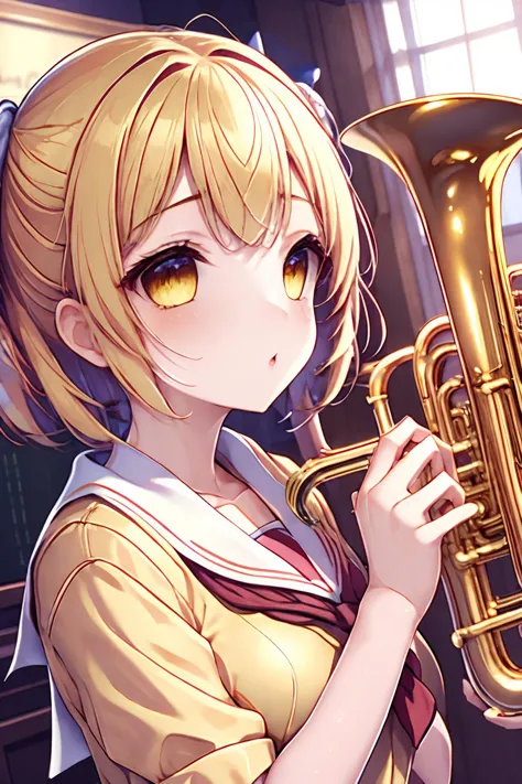 anime girl with blonde hair playing a brass instrument in a room