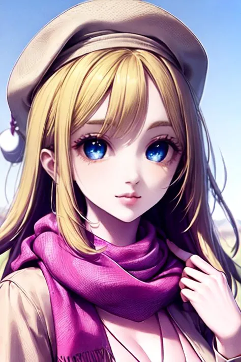 anime girl with blue eyes and a hat and scarf