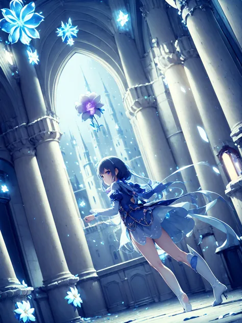 anime girl in a blue dress standing in a church with snowflakes