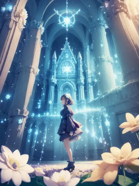 1girl particle, (flower \(symbol\):1.5),(full body:0.8),vigor,motion,glowing,dim light,high contrast,side angle,wallpaper,detailed item,indoors\(castle\),