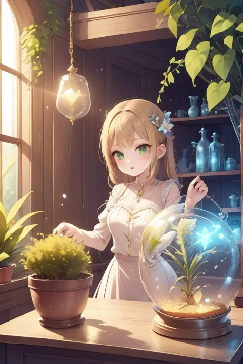 1girl,standing, outfit,girl hand on terrarium ,terrarium on window side desk, heal potion,antique bottle,plant,flower,water,glowing