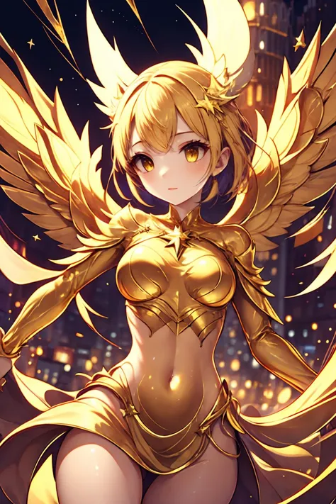 a woman in a gold outfit with wings and a sword