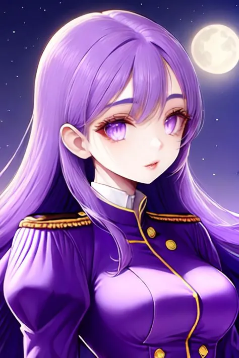 a woman with long purple hair and purple eyes in a purple dress