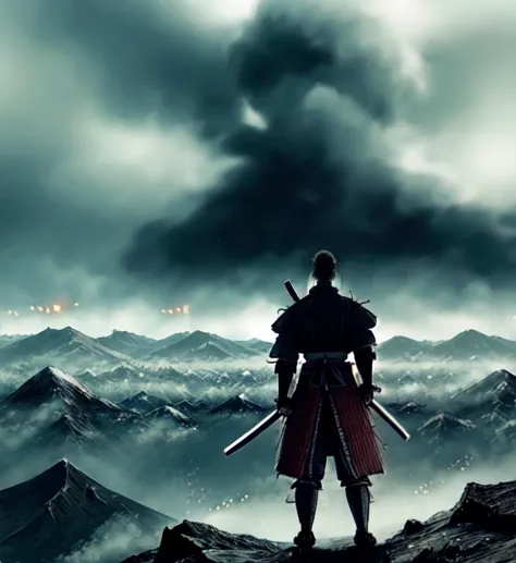 a man standing on top of a mountain holding two swords