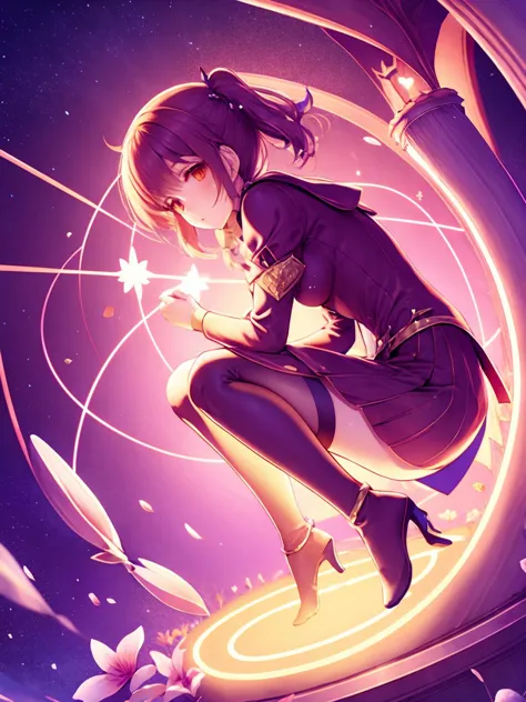 anime girl in a purple dress kneeling on a circular object