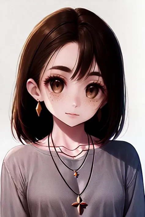 Milly Roberts(Height: 5'8", Weight 120 pounds, Dark brown hair, Brown eyes, Fair skin tone, Freckles a small scar on her left cheek) Wearing Casual and comfortable styled clothes, wearing a necklace and earrings.