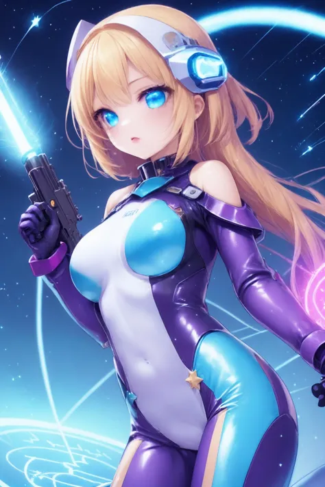 1girl,good eyes,glowing,gun like lightning buster,(starfall),holding cyber-gun,latex bodysuit,battlesuit,head gear,bare shoulder,starrysky,detailed magic circle,