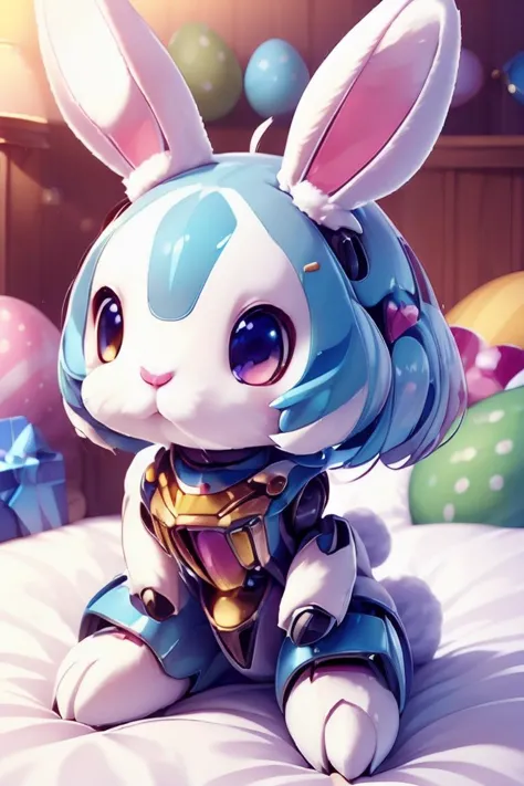 (head of mecha:1.3),(rabbit mecha),<lora:ç»å¨æºç²å¨ç©å­robotzoo_v1.0:0.8> robotzoo, cute, full body, (bed room),bokeh,easter egg,mini rabbit mecha,sitting,ribbon,gift,