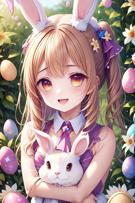 <lora:hyå¨ç©å­v1.0_zoofun:0.8> zoofun,rabbit,cute,detailed both ears,girl hug rabbit,close-up,smile girl,1girl and rabbit,easter egg,gothic dress,happy,