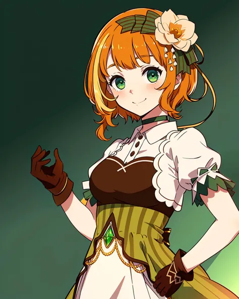 masterpiece, high quality, 1girl, mgrckonomiharuna, green eyes, orange hair, medium shot, upper body, green hair ornament with flower, brown choker, brown gloves, white shirt with puffy sleeves, green with brown dress, white with brown skirt, green gem on belly, light smile, (dynamic pose: 0.8), detailed hands, abstract background, <lora:konomiharuna-04:0.8>