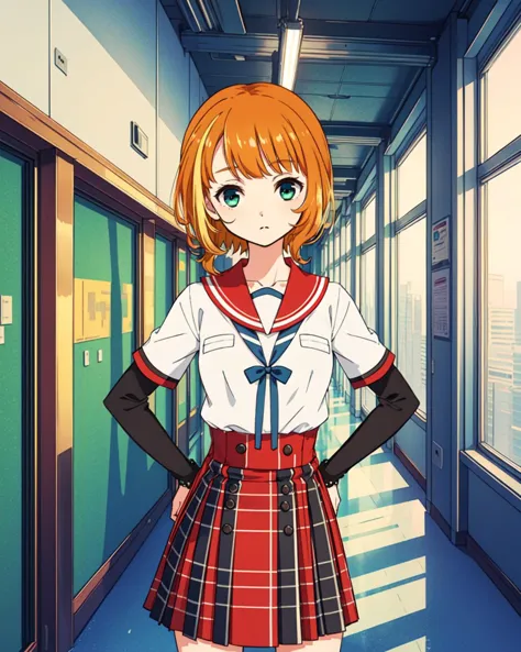 masterpiece, high quality, 1girl, mgrckonomiharuna, green eyes, orange hair, medium shot, upper body, white with red shirt, long black sleeves, blue bowtie, red striped skirt, hands on hips, looking at viewer, bored, indoors, corridor, day, <lora:konomiharuna-04:0.8>