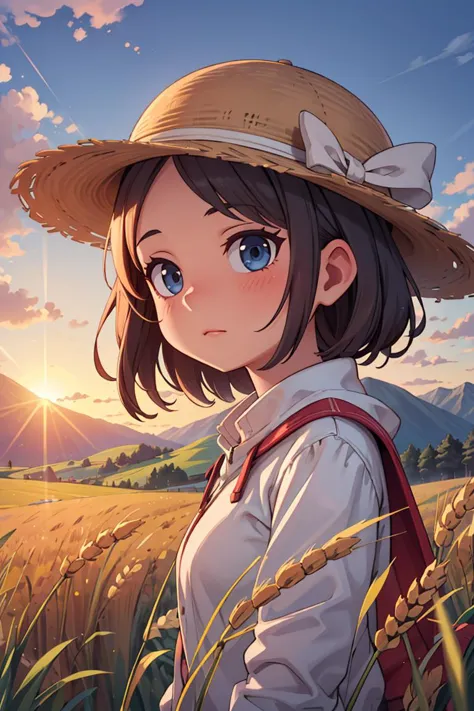 masterpiece,best quality,landscape, 1girl, hat, wheat, farm, sunset, lens flare, mountain, clouds,<lora:GoodHands-vanilla:1>,<lo...