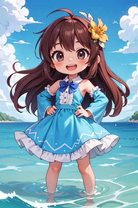 (chibi:1),masterpiece,best quality,dramatic,1girl,solo,long hair,brown hair,detached sleeves,open mouth,smile,outdoors,water,sky...