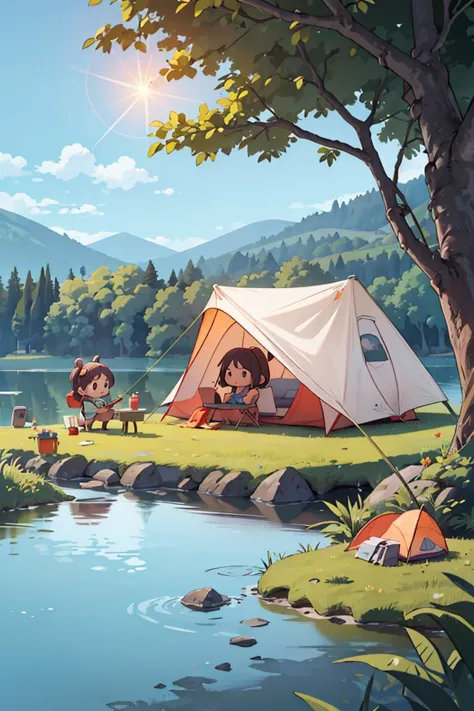chibi,masterpiece,best quality,lake,camp,1girl,landscape,morning sun,camping, tent