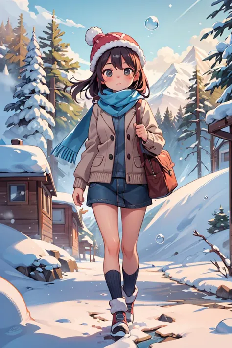 masterpiece,best quality,landscape, landscape, (1girl, tall, matured:1.2), sweater, bubble hat, scarf, snow, snowy mountain, cab...