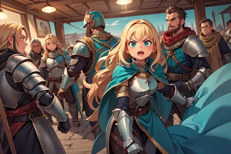 (masterpiece, best quality, extremely detailed:1.2), 1girl, (long blonde hair with bangs:1.1), (steel armor,:1.2), breastplate, (teal:1.2) gambeson, pauldrons,  cape, medieval clothing, <lora:more_details:0.3> ,  
 surrounded by men, tavern, angry