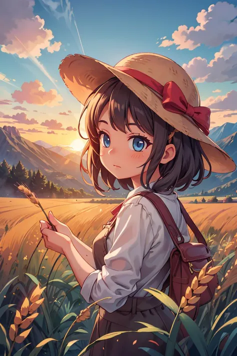masterpiece,best quality,landscape, 1girl, hat, wheat, farm, sunset, lens flare, mountain, clouds,<lyco:GoodHands-beta2:1.0> <lo...