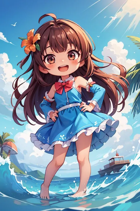 (chibi:1.2),masterpiece,best quality,dramatic, 1girl, solo, long hair, brown hair, detached sleeves, open mouth, smile, outdoors...