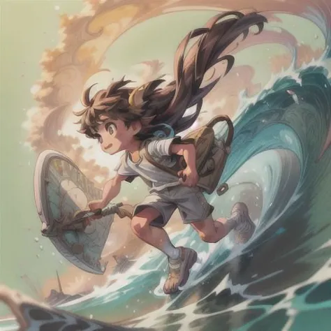 anime girl riding a wave on a surfboard with a backpack