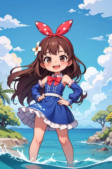 masterpiece,best quality,dramatic, 1girl, solo,  long hair, brown hair, detached sleeves, open mouth, smile, outdoors, water, sky, day, hand on hip, hair ornament, pointing, cloud, ocean, dress,  blush, blue dress, wading,  blue sky, bow, standing, :d, frills, beach, bangs, barefoot, hair flower, skirt, ^_^, facing viewer,  bowtie, teeth, 