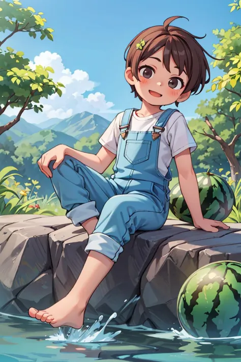 masterpiece,best quality,(more Cut Watermelon:1.2), overalls, white shirt, (1boy:1.2), sitting on rock, barefoot,leaning back, two Feet in the water,head tilt, happy, (looking at viewer:1.2), sky,forest, river, very short hair, brown hair,,