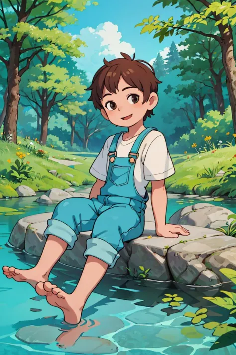 masterpiece,best quality, overalls, white shirt, (1boy:1.2), sitting on rock, barefoot,leaning back, two Feet in the water,head ...