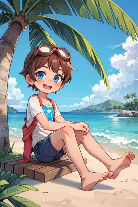 masterpiece,best quality,1boy,solo,goggles on head,male focus,blue eyes,outdoors,barefoot,shorts,open mouth,smile,looking at vie...