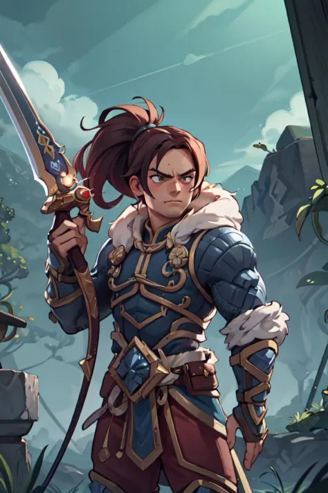 best quality, masterpiece, ultra high res, masterpiece, varian, cowboy shot, Holding a long sword in hand, Atmospheric Perspective,male focus