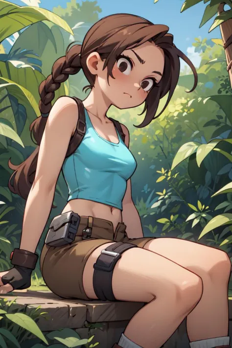 best quality, masterpiece, nijistyle lara croft, single braid, blue tank top, brown shorts, fingerless gloves, holster 