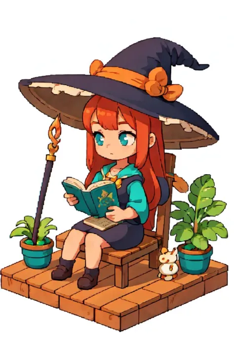 pixel,a girl,Witch,In the cabin,Small wooden table,sitting on a wooden chair,Reading,potted plant,Magic Hat,Magic Wand,forest,<lora:pixel_f2:0.5>,white background,