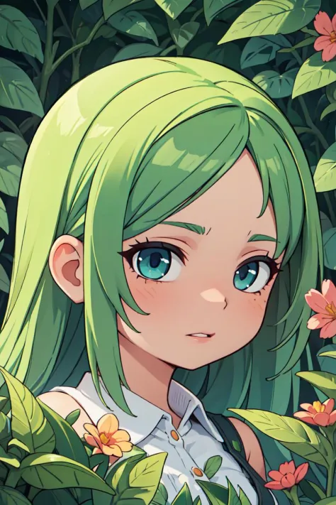 (masterpiece, best quality, detailed face, detailed eyes, high res, high quality), 1girl, green hair, garden