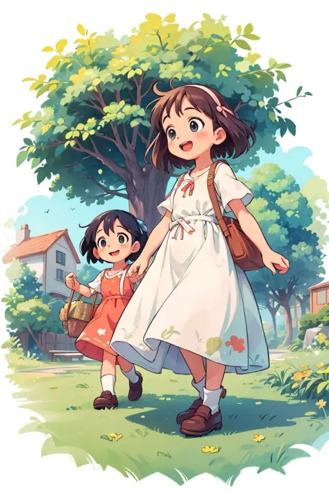 ((best quality, masterpiece)), dramatic,  Happy 1girl. Bucolic style. Women's children's clothing. Smooth color. Simple art. Ghibli studio style.
