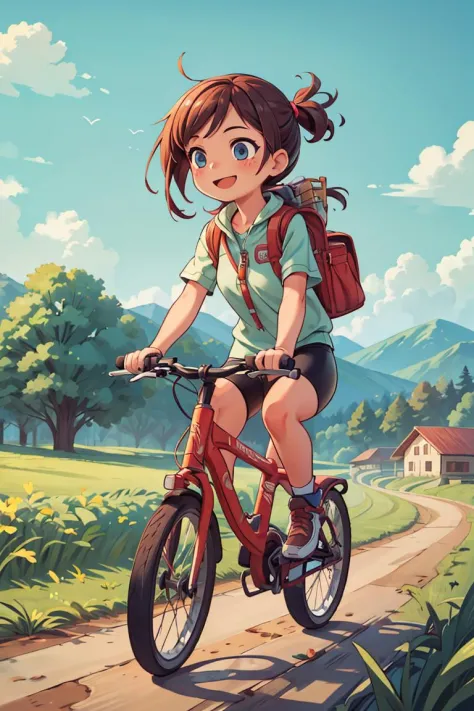 ((best quality, masterpiece)), dramatic,  1 girl riding a bike pilot, smile, farm background