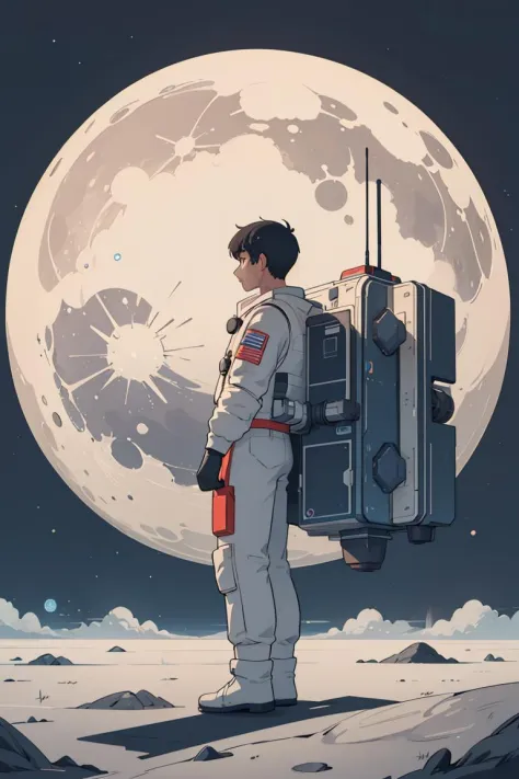 a space station on the moon with a man standing in front of it,minimalist_sci-fi_dystopia,