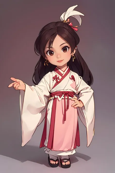 1girl,earrings,solo,jewelry,long_hair,lips,realistic,brown_eyes,<lora:WengMeiLing01:1>,(chibi:0.8),full body,hanfu,<lora:GoodHan...