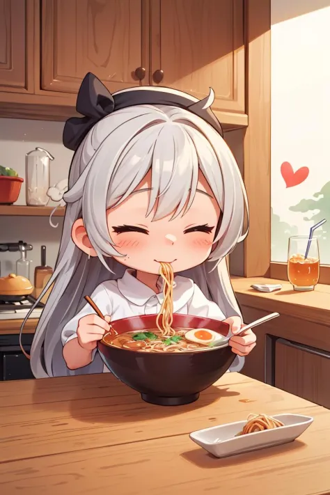 (masterpiece, best quality),1girl,solo,cute face,kawaii,ramen,chopsticks,drinking glass,eating,heart,happy,closed eyes,closed mouth,kitchen,chibi,
