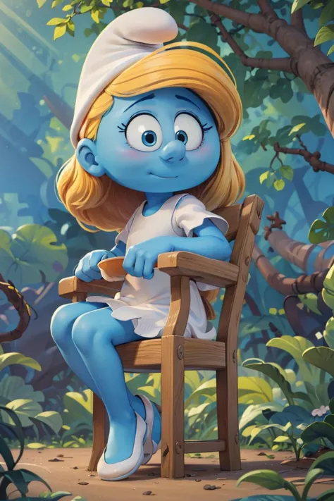 ((masterpiece, best quality)),(complex light),solo,1girl,full body,blonde hair,Smurfette,colored skin,blue skin,<lora:smurfette1:0.8>,hat,white dress,sitting,on chair,forest,<lora:more_details:0.3>,