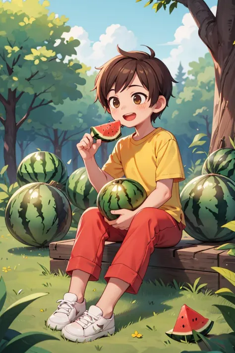 masterpiece,best quality,ruit,1boy,solo,eating,holding watermelon,male focus,brown hair,yellow shirt,pants,holding,open mouth,sitting ground,smile,short sleeves,white footwear,sky,forest,dog,(more Cut Watermelon:1.1),