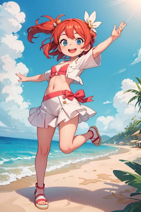 dynamic, masterpiece,best quality,1girl,smile, pop, fancy,beach,sand,jump,stylish pose,<lora:more_details:0.3>,<lora:GoodHands-v...