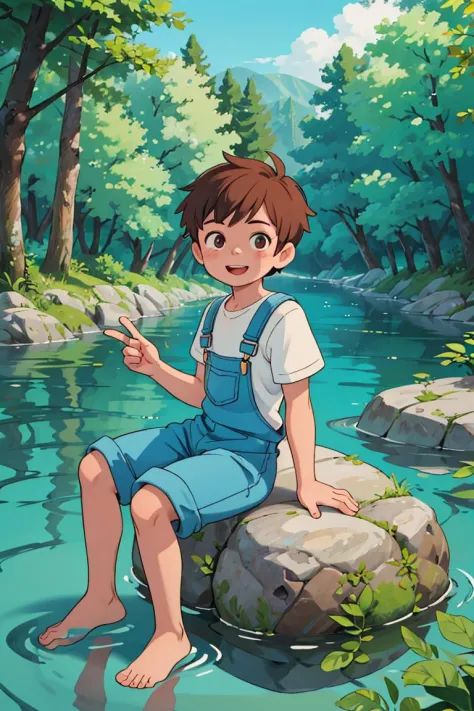 masterpiece,best quality, overalls, white shirt, (1boy:1.2), (sitting on rock:1.2), barefoot,leaning back, two Feet in the water,head tilt, happy, very short hair, brown hair,(looking at viewer:1.2), sky,forest, river, Watermelon floating on the water,