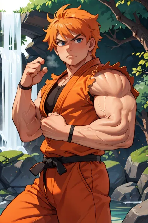 RyuSaka,1guy,muscular:1.2,muscular arms,orange dougi,orange pants,black belt,masterpiece,highness,perfect face,perfect picture,d...