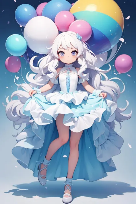 masterpiece,best quality,ultra-detailed,1girl,balloon,dress,long white hair,md colorful,full body,rainbow theme,