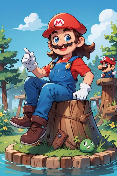 Super Mário,Desenho animado,vestindo camisa vermelha,macacão azul,luvas brancas,chapéu vermelho,bigode,olhos azuis,Olhando para o visualizador,sorridente,feliz,sentado no tronco,fora,floresta,céu azul,extremamente detalhado,HDR,