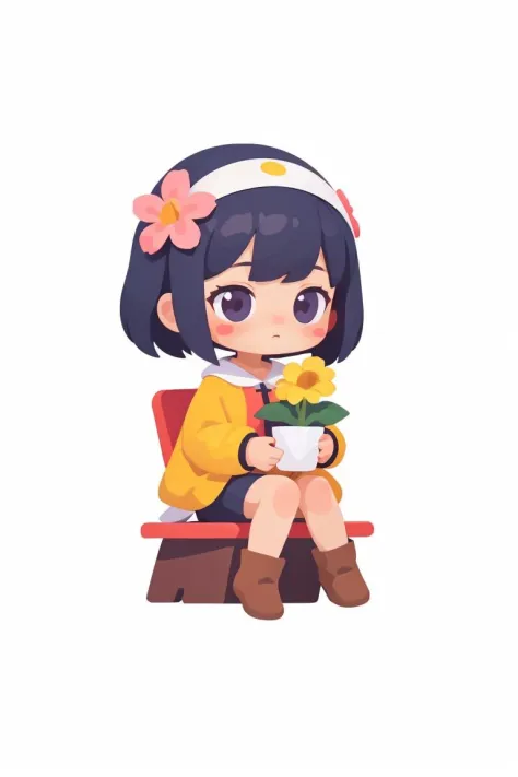 coloredic0n icon,blindbox,1girl,solo,sitting,flower,blush stickers,holding flower,White background,
