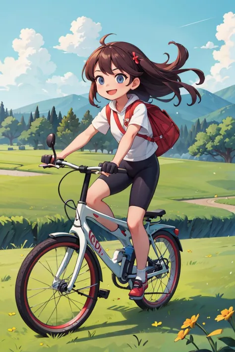 full body,((best quality, masterpiece)),dramatic,1 girl riding a bike pilot,smile,farm background,