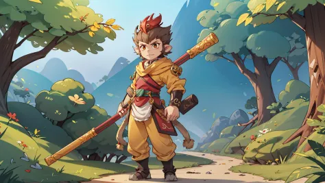 Monkey king,no humans,best quality,wukong_xingzhe,wukong_armors,<lora:J2W-monkeyking-0515-1-lora:0.7>,A stick in one hand,On one's feet,Point at the camera,In the woods,