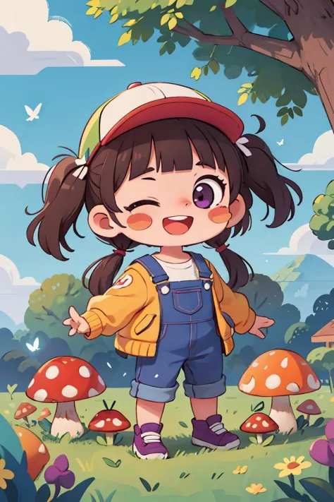 1girl, brown hair, bug, food, fruit, butterfly, grass, twintails, open mouth, one eye closed, apple, smile, cloud, outdoors, bird, blue sky, bangs, tree, sky, day, skirt, blunt bangs, blush, mushroom, purple eyes, hat, jacket, short twintails, shirt, tomato, grapes, overalls, blush stickers 