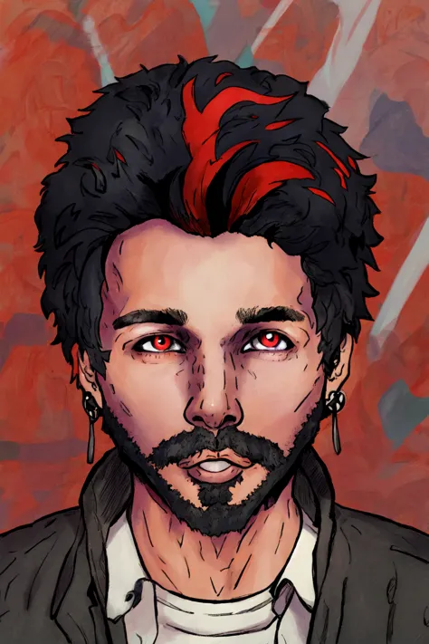 a close up of a man with a beard and red eyes