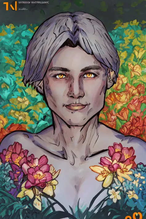 a drawing of a woman with flowers on her chest